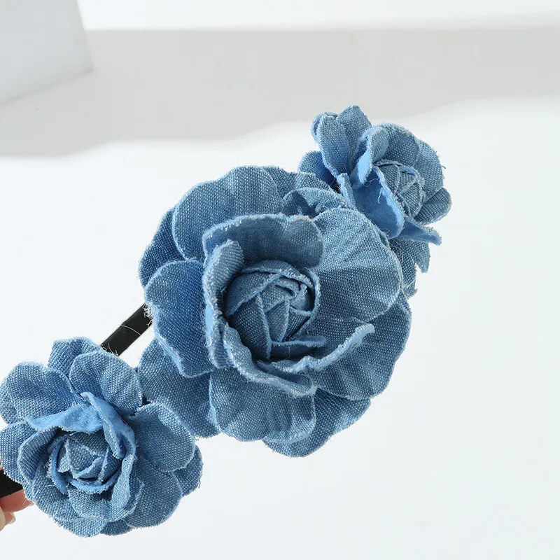 Denim Blue rose flower heightening cranial top headband for women retro simple commuter face wash headband