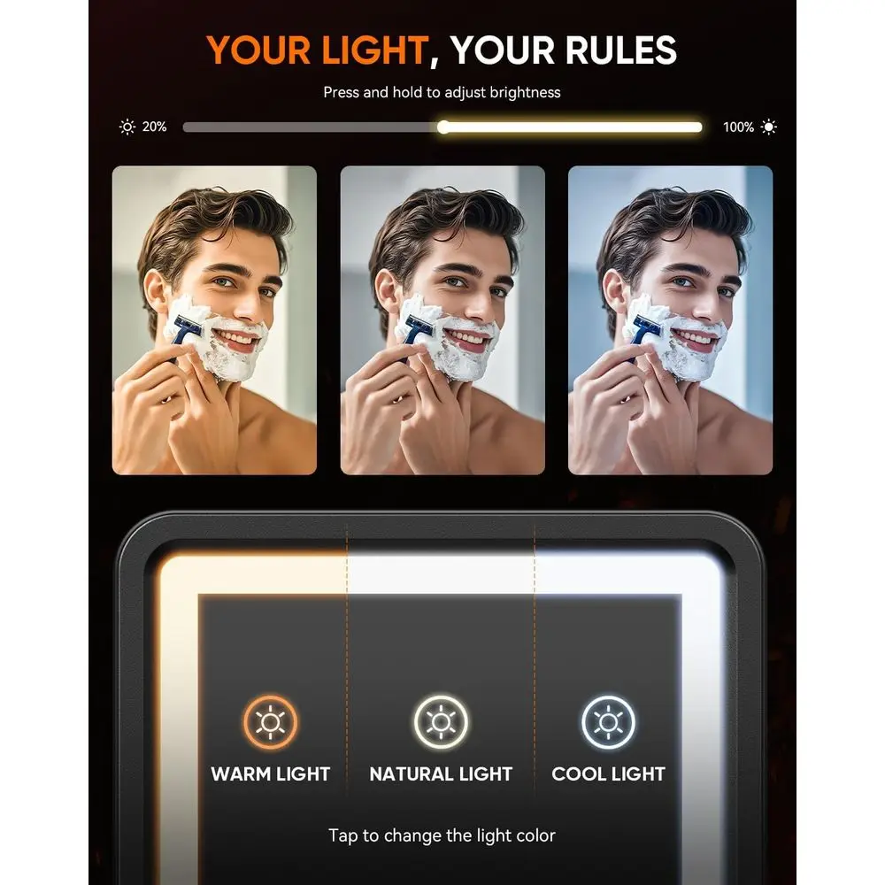 Specchio doccia antiappannamento con 3 luci colorate, porta rasoio e attenuazione continua per 2025, nessuna foratura richiesta, rimovibile - Nero