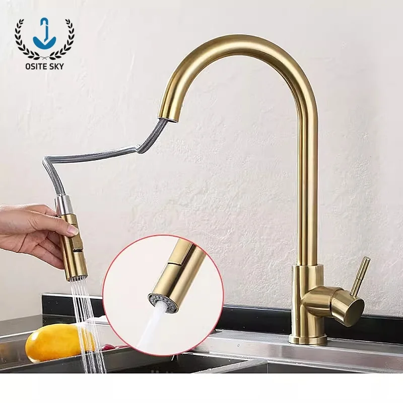 

Kitchen Faucet Pull Out Hot and Cold Water Taps Brushed Gold Faucet Two Function Single Handle 304 Stainless Steel Mixer Tap