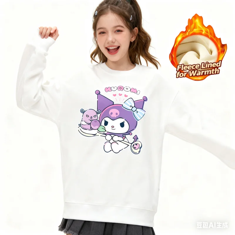 

2025 Sanrio Series Printed Crew Neck Long-Sleeve Top, Cute and Warm Fleece-Lined Crew Neck Long-Sleeve T-Shirt, 100% Cotton