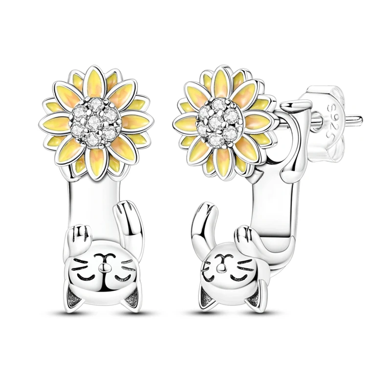 

925 Sterling Silver Sparking Cat Sunflower Stud Earring For Anniversary Wedding Jewelry Gifts