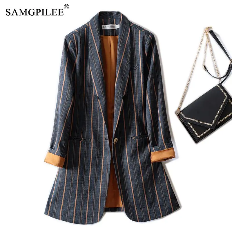 

Women's Coat Spring 2022 New Retro Contrast Vertical Stripe Single Button Suit Collar Long Sleeve Slim Autumn Female Blazer 4XL