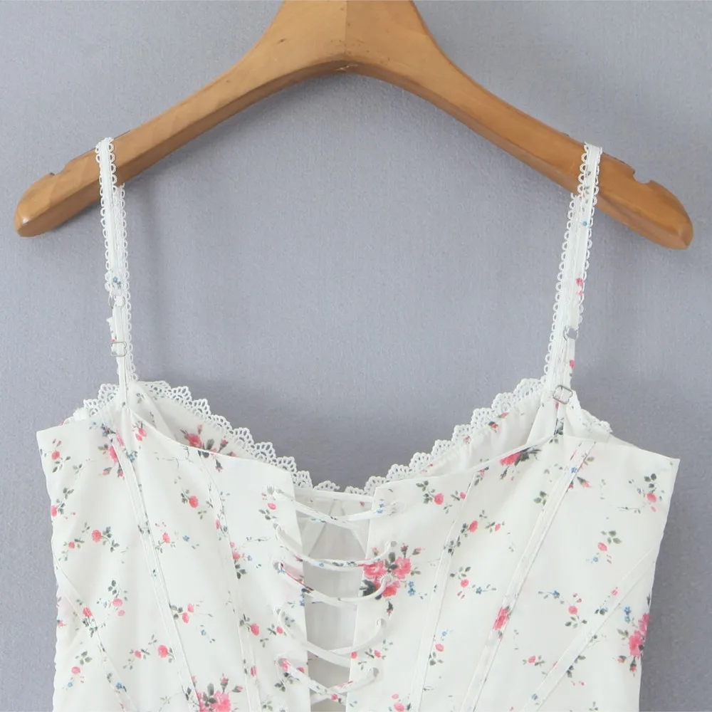 2025 Bloemenprint Gesplitst Kant Draad Beha Corset Stijl Sling Jurk Vrouwen Cross Vetersluiting Terug Lage Taille Swing Midi Jurken Gewaad