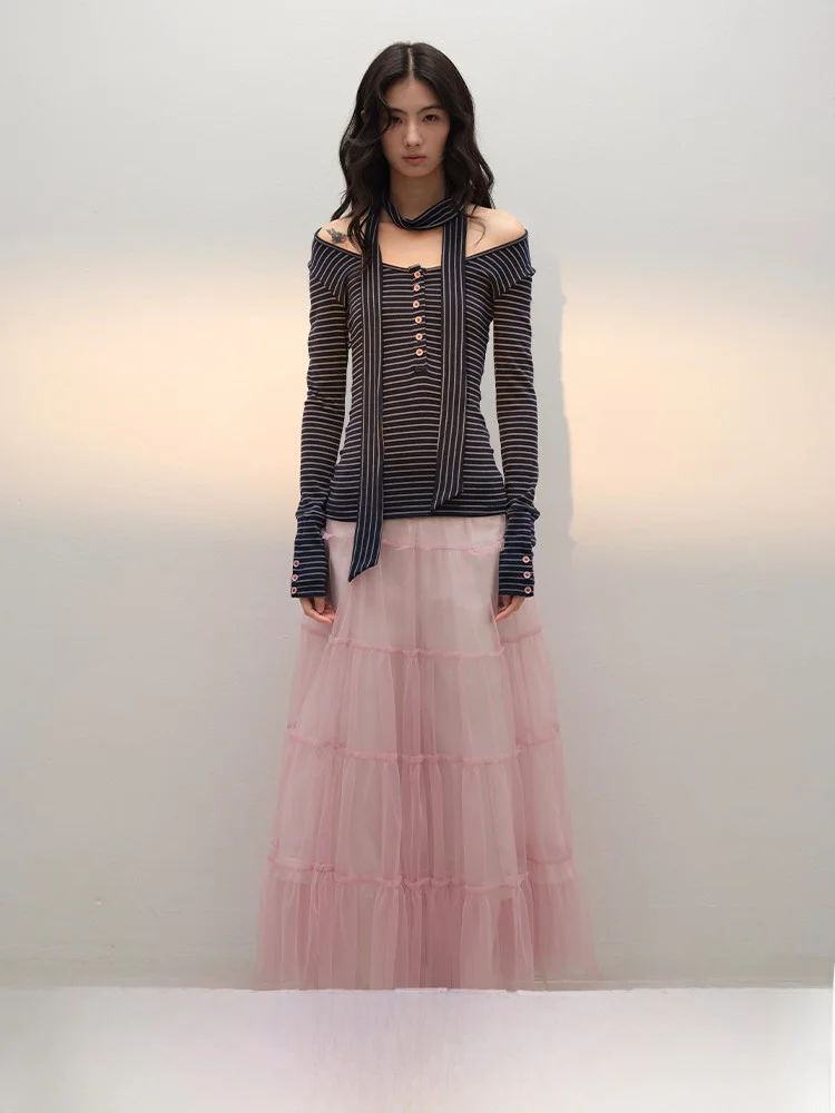 

Lvetong, оригинальный дизайн, ранняя весна, облегающая длинная футболка Sve V-Ne с полосками и плечами, женская уличная повседневная одежда