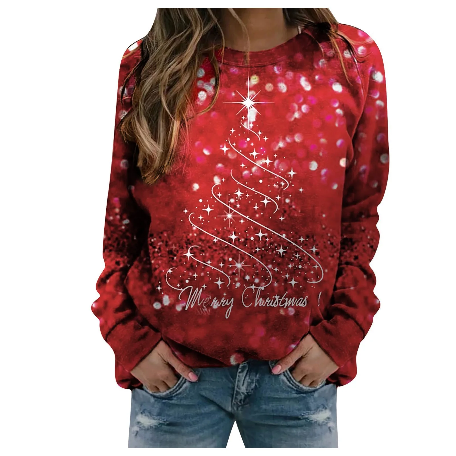 Women\'s Casual Fashion Christmas Print Long Sleeve O-Neck Pullover Top 한국인 후기 많은 옷 한국인 리뷰 많은 옷 korean popular clothes y2k