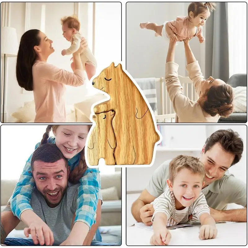 Wooden Bear Family Puzzle Cute Wooden Bear Sculpture Unique Collections For Mom Cartoon Housewarming Decorations Home Decor