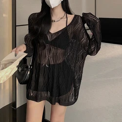 Gidyq Summer Sexy Hollow Out Knit Blouse Women Korean Fashion Lace Up Loose Sun Protection Shirts Casual Streetwear Female Tops