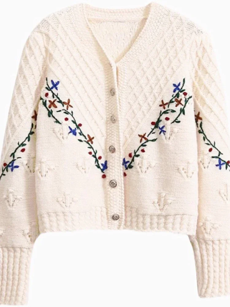 Knitted Cardigan Sweater Women Embroidery Hook Flower Vintage Sweaters Coat Women\'s Autumn Winter New Fashion Long Sleeve Top