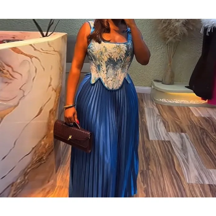 Women's Two 2 Piece Set Floral Print Waist-cinching Sleeveless Vest +Pleated Long Skirts Suit Summer 2025 Party Evening Outfit
