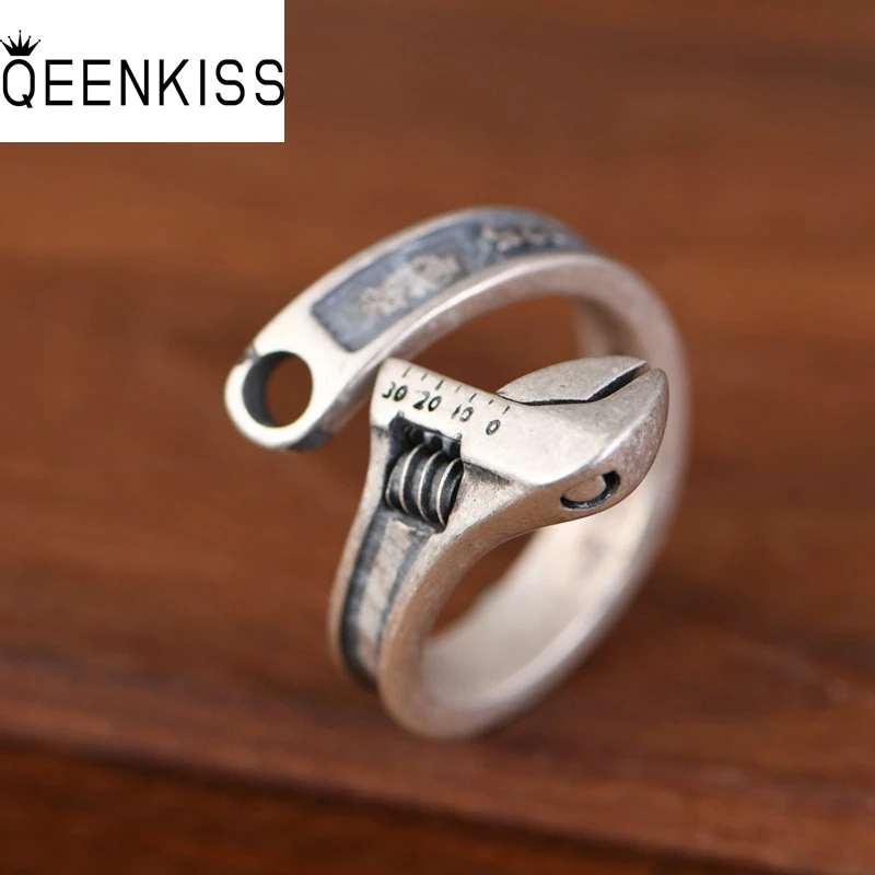 

QEENKISS 925 Sterling Silver Vintage Wrench Rings for Men Birthday Wedding Party Christmas Father Groom Boyfriend Gifts RG7086