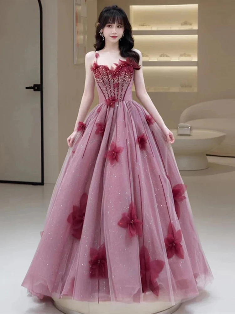 Vestido De Noche De princesa De flores 3D con tirantes finos color Burdeos, apliques hasta el suelo, vestido De graduación para fiesta De boda, Vestidos De Noche