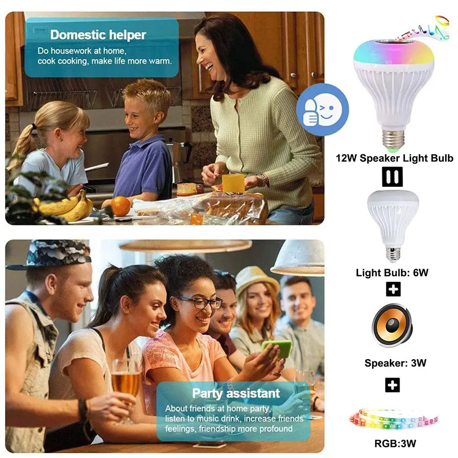 Bluetooth Music LED Bulb Remote Control RGB White Lamp Colorful 85-265V 12W E27 Stage Light Bulb for Home Party Decoration