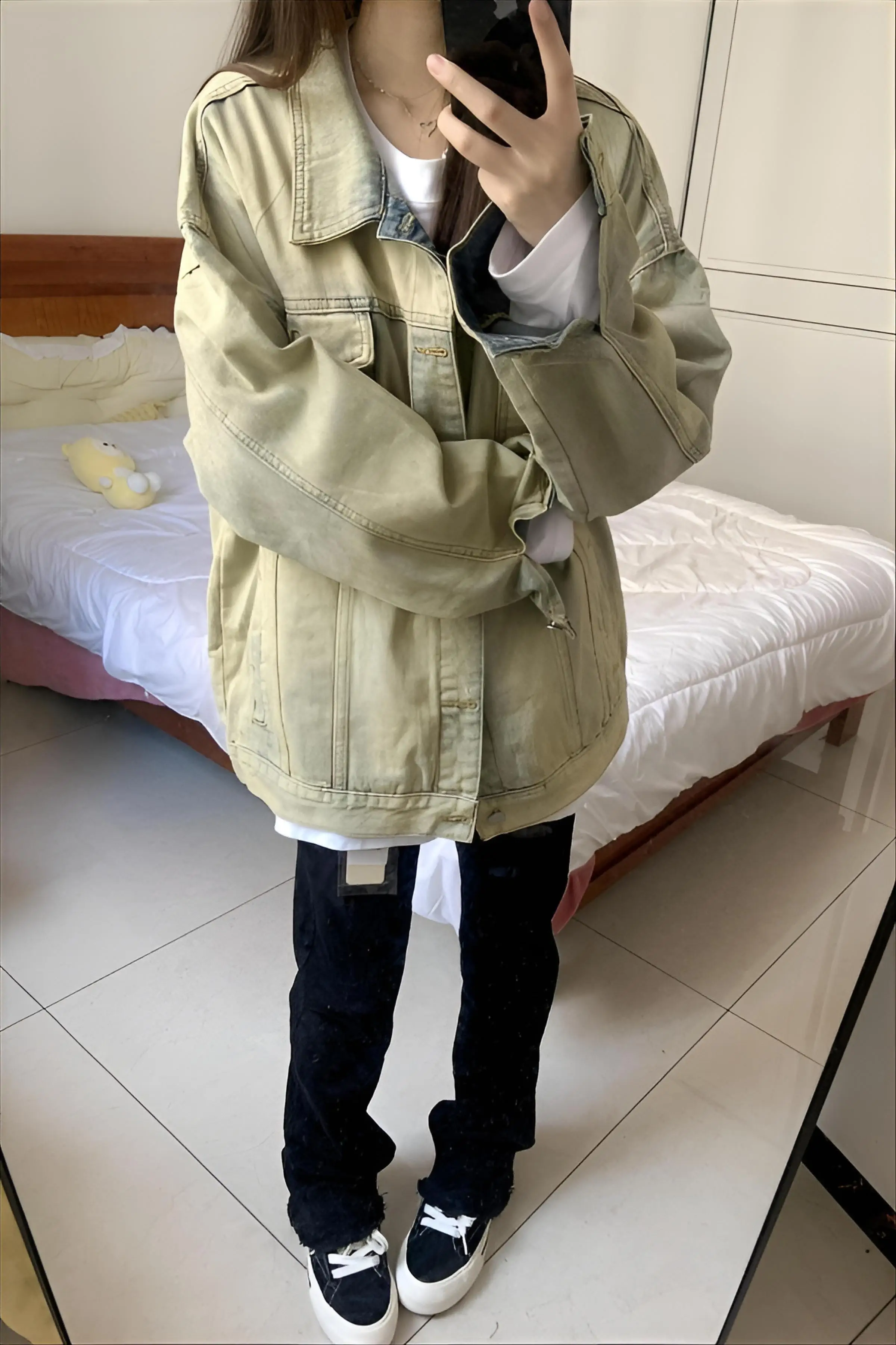 

Denim Coat And Fur Womens Autumn Plaids Waist-Cinching Double-Faced Standneck Ruffled Notched Ins Student Wide Preppy Style Chic