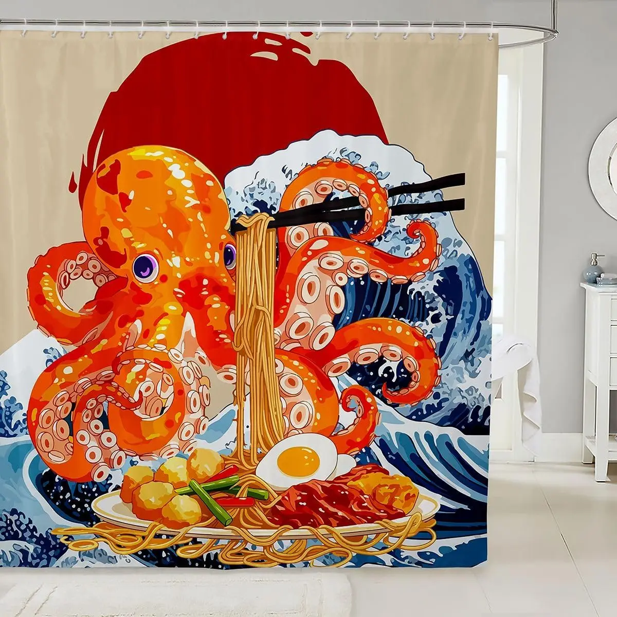 Octopus Ramen Shower Curtain, Japanese Ukiyo-e Wave Art Print, Seafood Noodle Bowl Decor, Waterproof Polyester Fabric