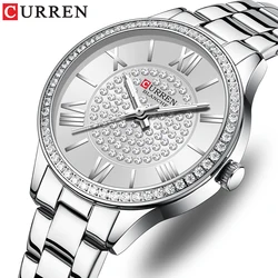 CURREN-Reloj elegante de acero inoxidable para Mujer, cronógrafo sencillo de negocios con diamantes, luminoso, resistente al agua