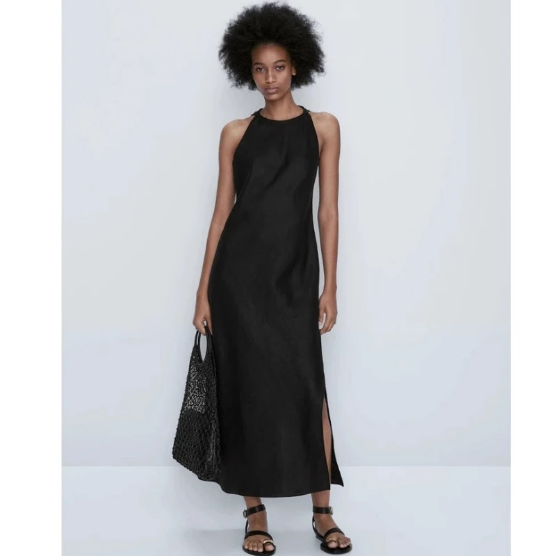 

MassimoDuti Women's 2025 spring and summer new Slim halter open long sleeveless dress Little Black Dress
