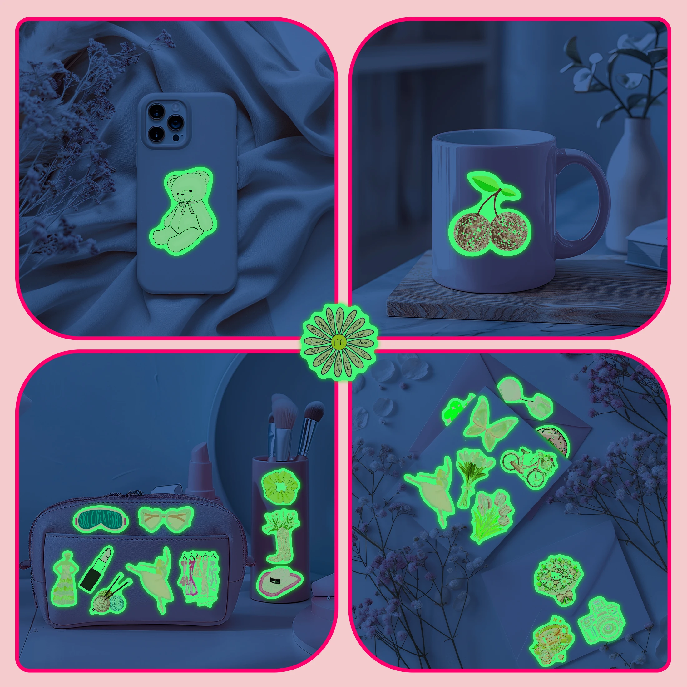 素敵なパターンのダークステッカーで光る、防水ビニールデカール、子供向けのDIYギフト、本、スケートボード、電話の装飾、ピンク、50個