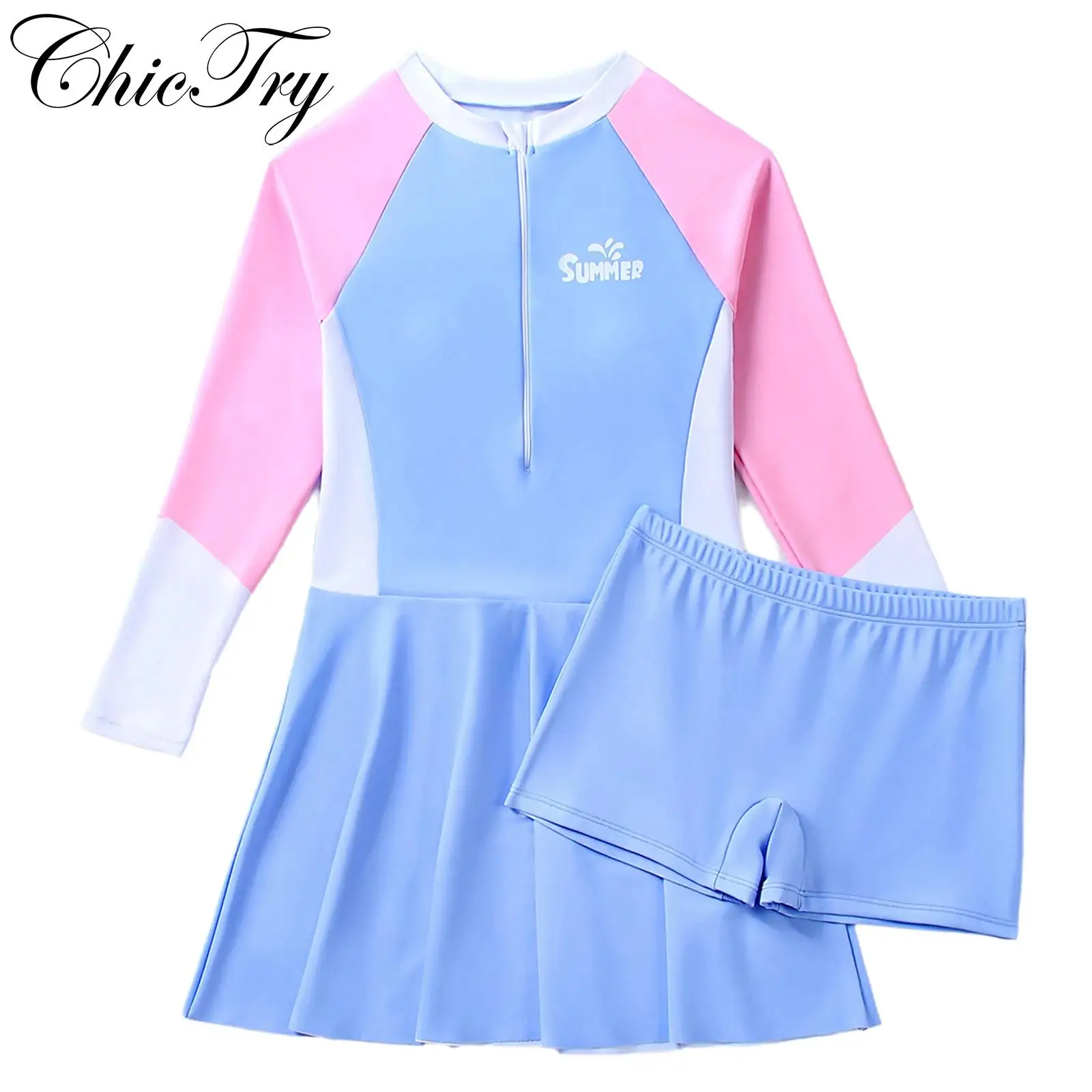 

Kids Girls Swim Sets Rash Guard Swimsuit Long Sleeve Swimwear Beachwear Dress with Shorts for Summer Beach Holiday Swim Practice
