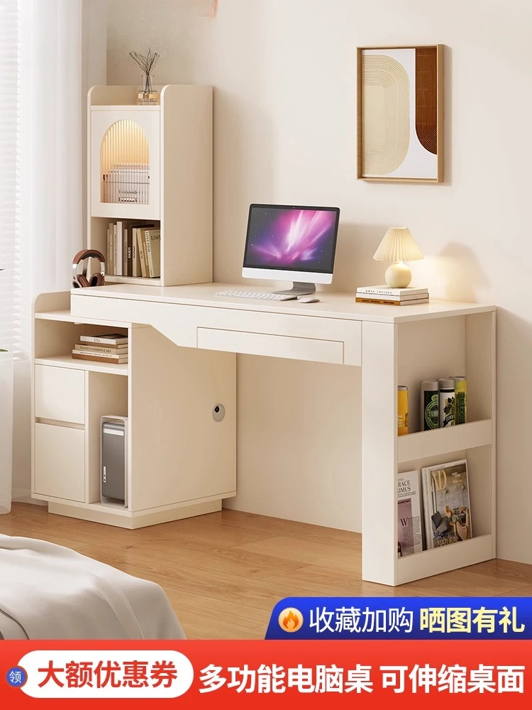 

Retractable corner cream computer desk bookshelf bookcase integrated dresser small apartment learning bedroom household bedside