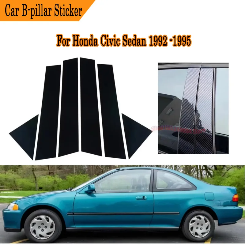 Complete High Gloss Black & Silvery Carbon B & C Pillar Cover Set For Honda Civic Sedan 1992-1995 Full Protective Exterior Kit