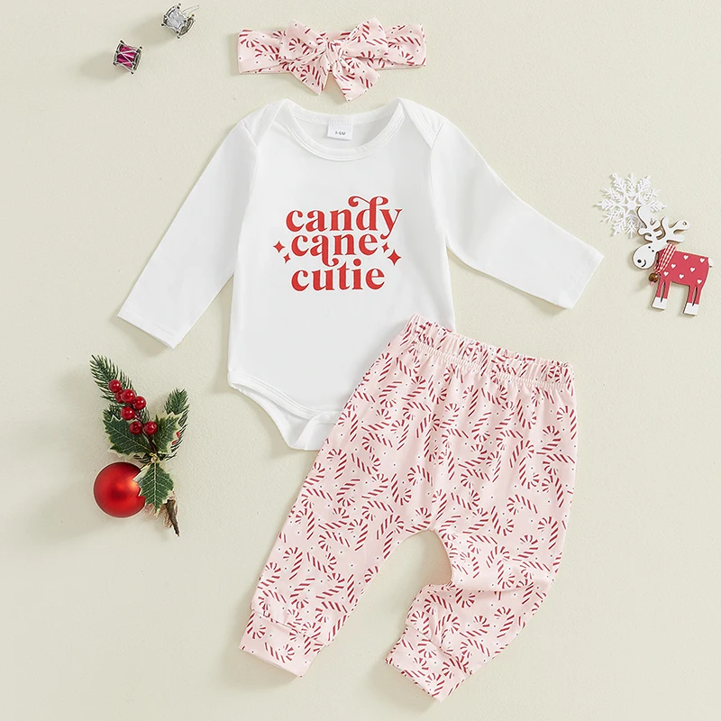 Conjunto de roupas de Natal para bebês meninas com estampa de letras e calças com estampa de bastão de doces e conjunto de roupas com faixa para cabeça