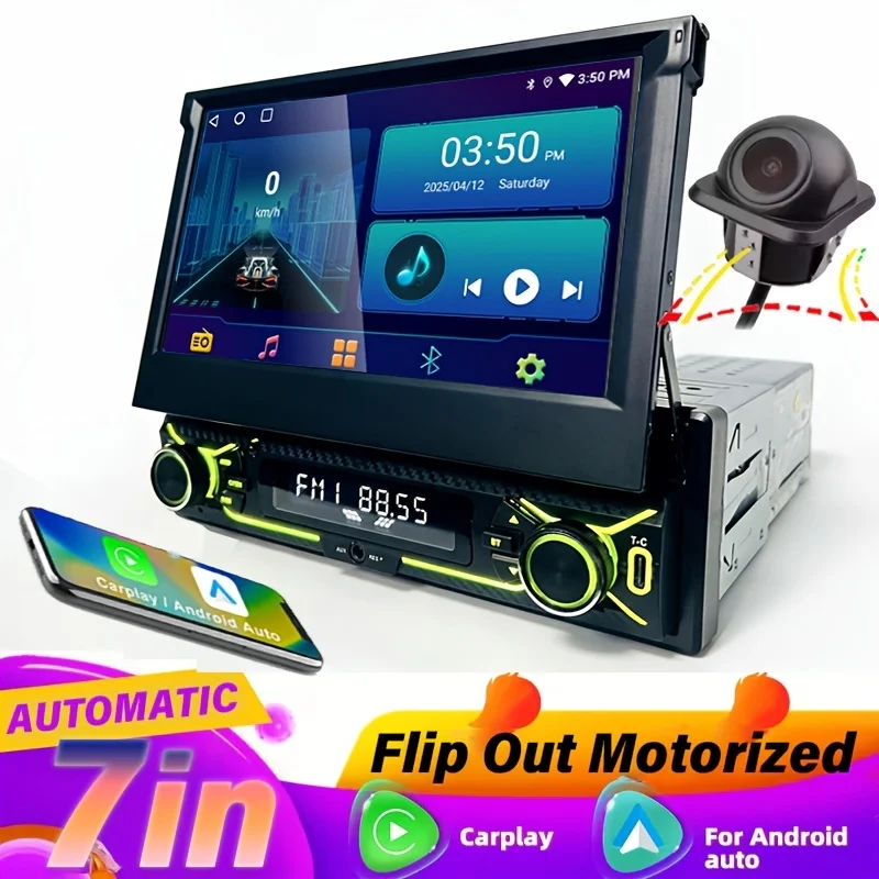 Car Stereo 7inch Motorized Flip Out Touchscreen MP5 Player, Car Radio with BT Wireless/Mirror Link/FM/USB/TF/AUX/Type-C