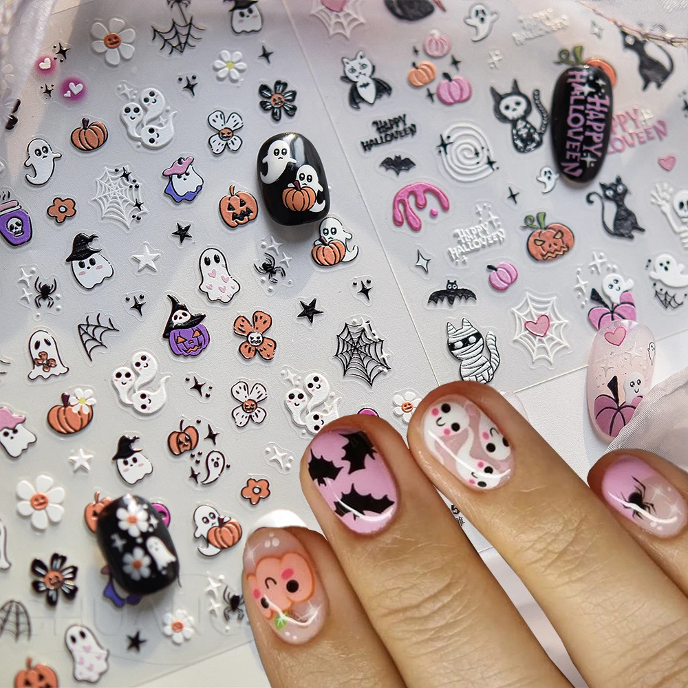 

5D Kawaii Cartoon Ghost Halloween Nail Art Sticker 1Pcs Pink Pumpkin Evil Cat Flower Skull Adhesive Nail Decals DIY Manicure Dec