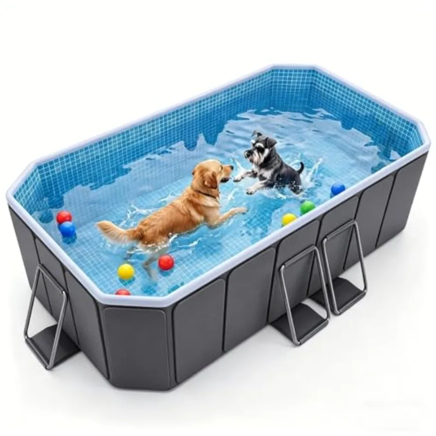 

Foldable Pool for Family and Pets: Portable Hard-Sided Grey Dog Bath Tub with Reinforced Frame, Filter Port, Easy Drain, Non-In