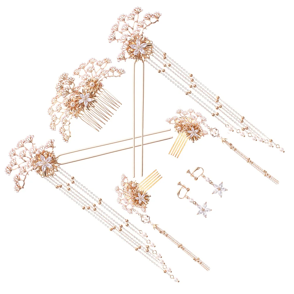 7 Pcs Pearl Hairpin Set Chinese Wedding Accessory Bridal Stick Style Comb Headgear Alloy Earring Bride