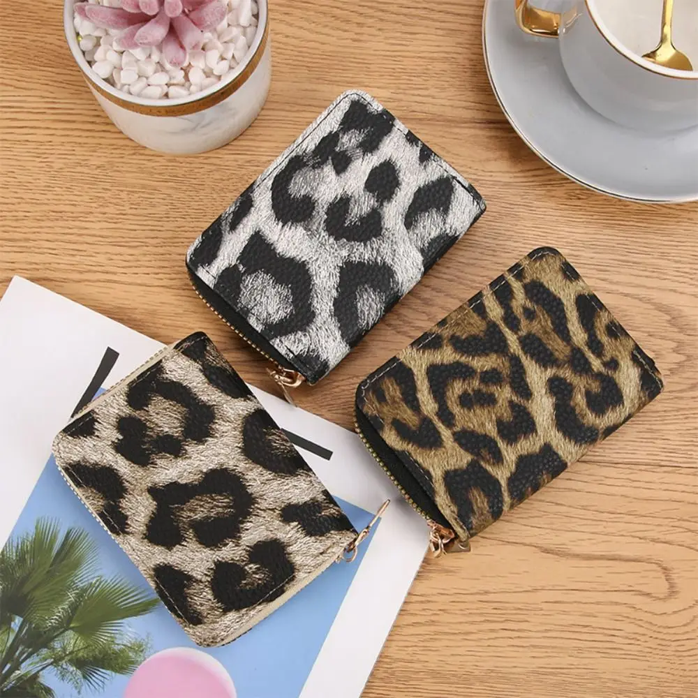 New PU Leather Women Short Wallet Zipper Design Leopard Pattern Slim Small Wallet Large Capacity Coin Purse Women Girls
