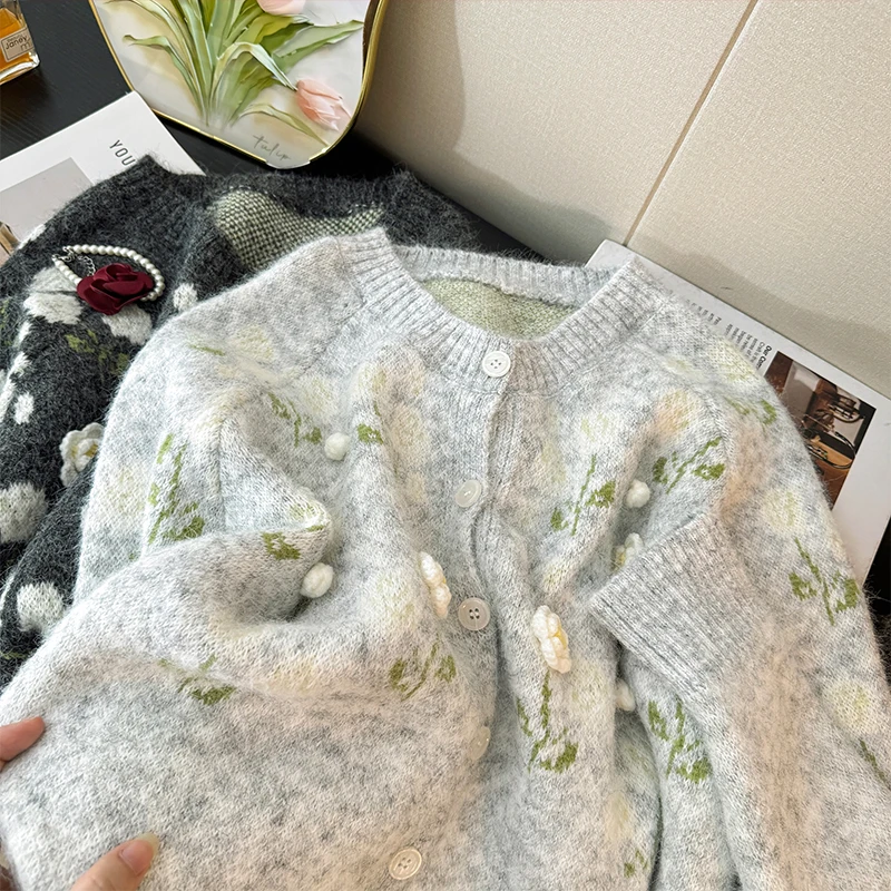 Women Light Grey 3D Floral Cardigan Sweater Vintage 2000s Y2k Aesthetic Jumper Knitwear Long Sleeves Sweater Autumn Clothes 2025