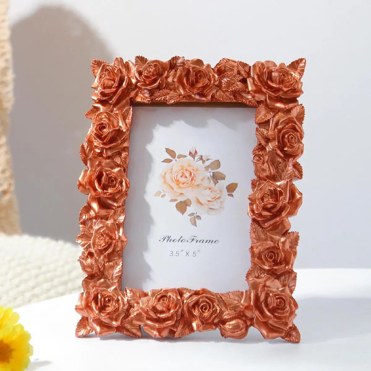 5/6/7 Inches European Retro Copper-colored Three-Dimensional Rose Photo Display Stand - Rose Engraved Relief Resin Frame