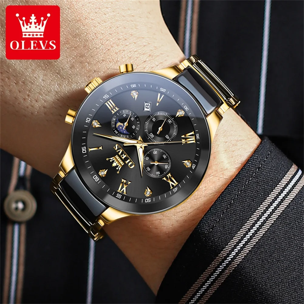 OLEVS Fashion Luxury Brand Men\'s Watches Moon Phase Quartz Watch Ceramic Watch Strap Chronograph Original Male Wristwatch New