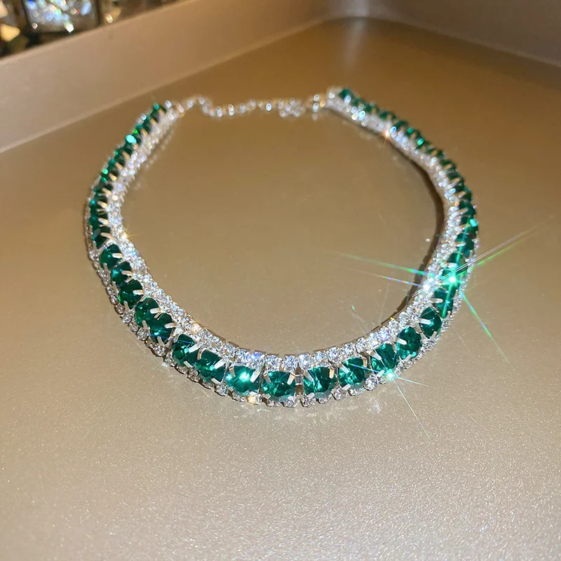 FYUAN Luxus Halskette Ohrringe Sets Grün Kristall Halskette Frauen Hochzeiten Braut Schmuck Zubehör – Detail 4