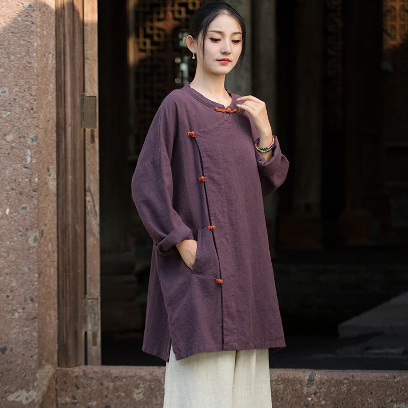 النمط الصيني المرأة القطن الكتان معاطف جديد وصول 2025 الخريف Vintage س الرقبة عادي اللون فضفاض الإناث سترات رجالي M1988