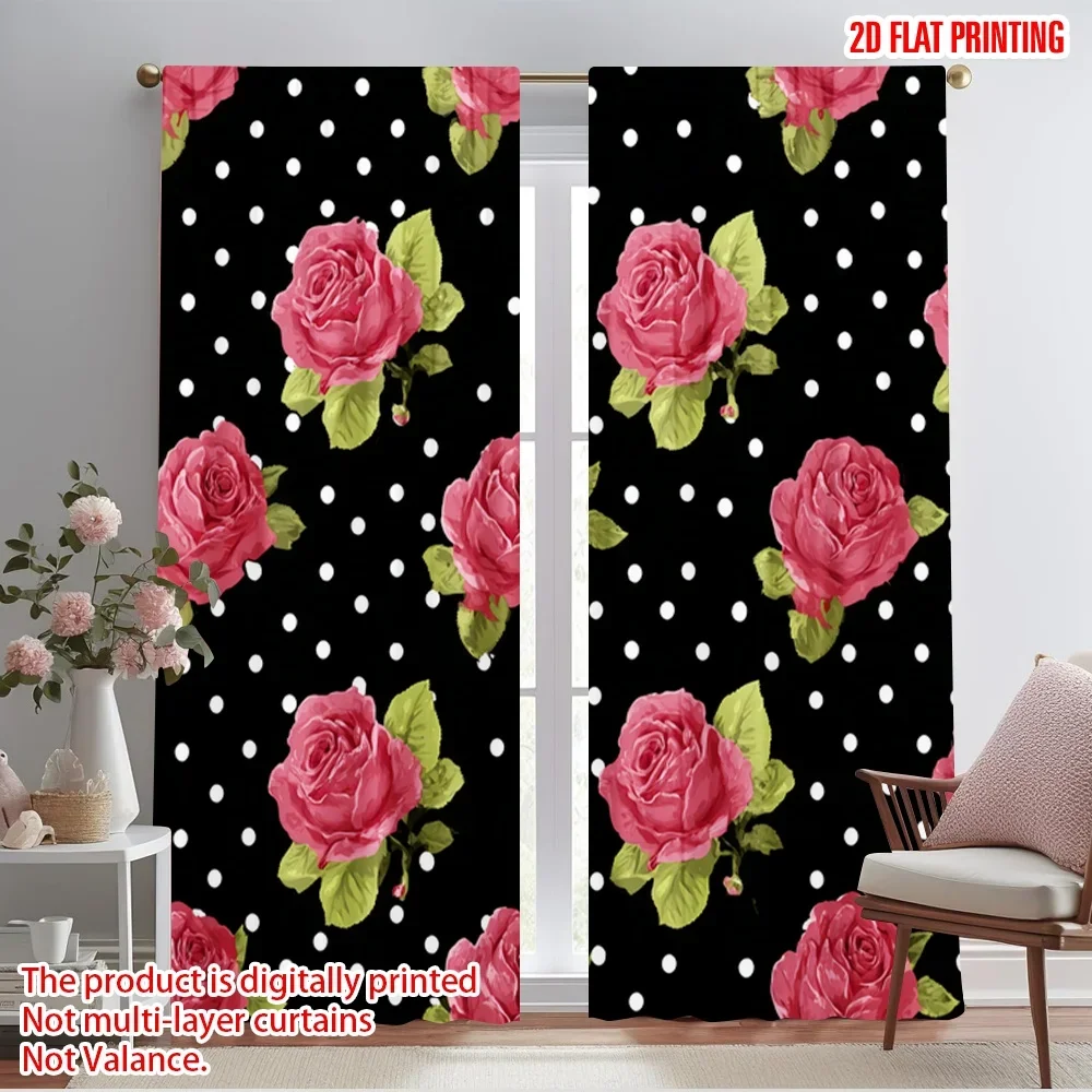 

2pcs,2D plane printing Light Filtering Curtains Roses on Polka Dots Versatile Durable Polyester (without rod) Holiday Ldeal for
