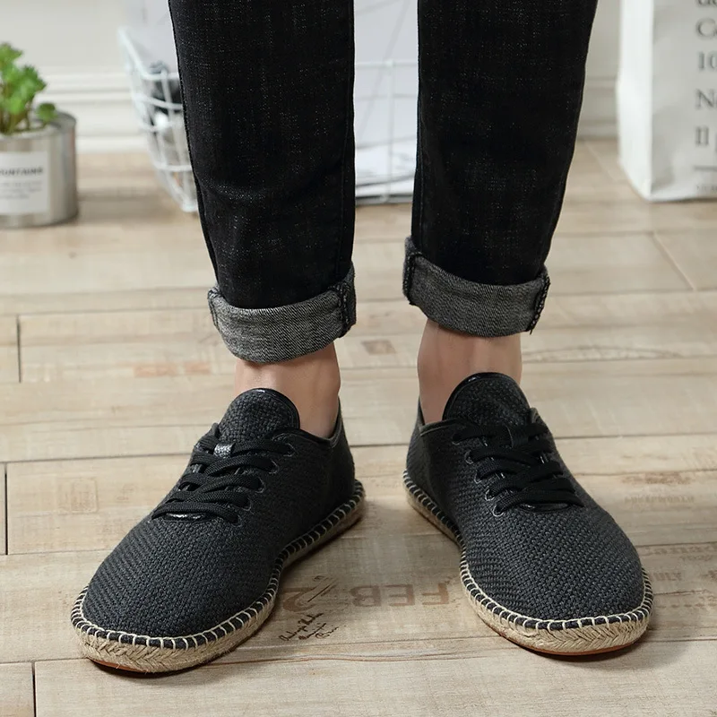 Flat Shoes Men's Handwoven Grass Lined Canvas Slip-On Casual Shoes Breathable Wear-Resistant Sweat-Absorbent