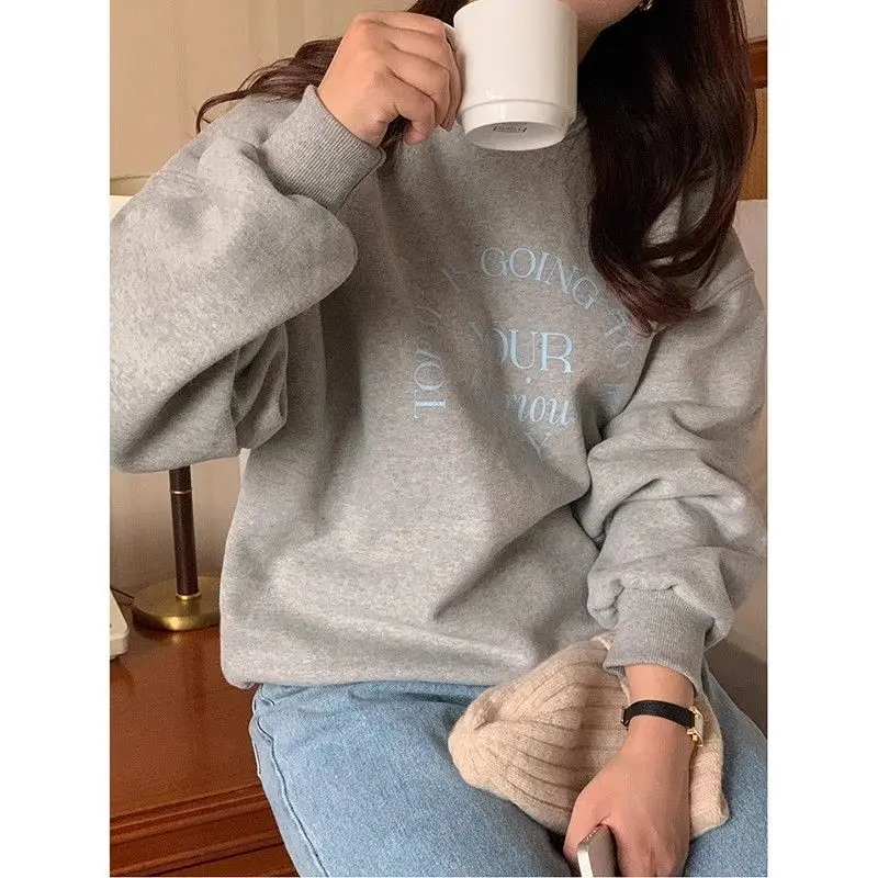 Women\'s Clothing Round Neck Solid Color Pullover Lantern Long Sleeve Letter Embroidered Spring Autumn Fashion Flattering Tops