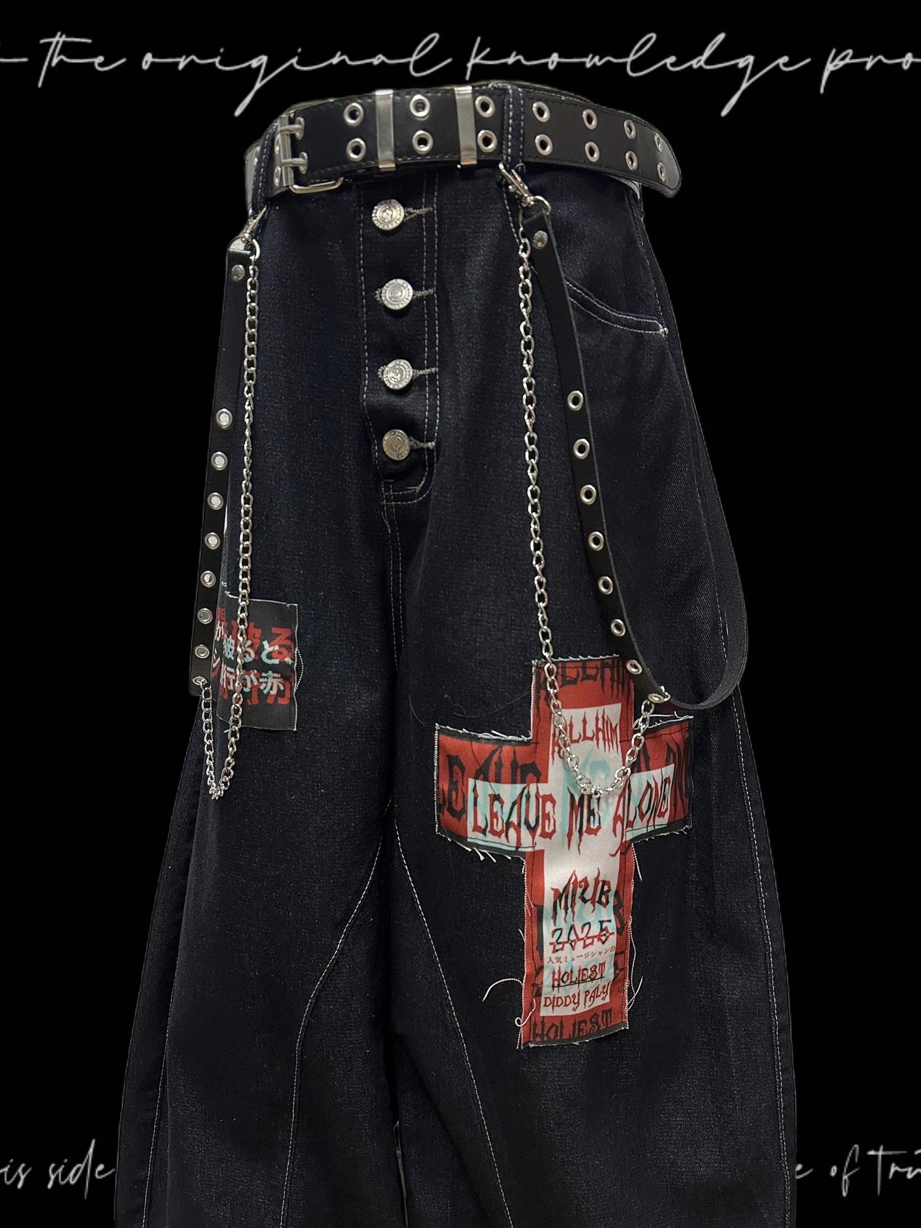 Unisex Original Weiya Patch Raw Denim Jeans American Dark Loose Wide Leg  Pants with Contrast Stitch Summer Style