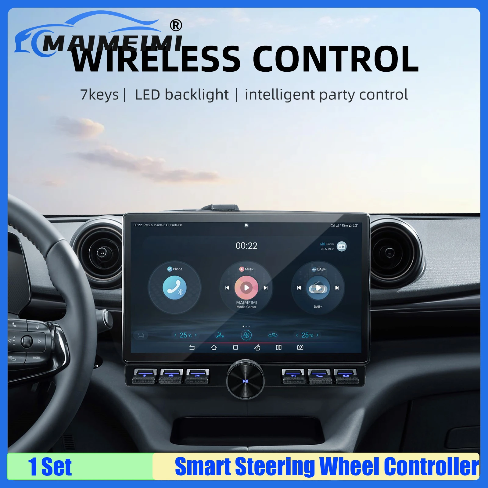 MAIMEIMI Smart Steering Wheel Controller Wirelss Control Button 7 Keys Intelligent Party Control Adjust Volume LED Button