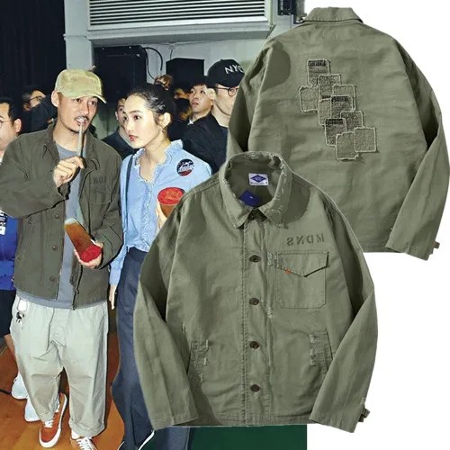 Autumn Winter New Style Yong Wen Le Military Style Worn out Patched Loose Fit Workwear Jacket Coat Cotton Pure Color Long Sleeve
