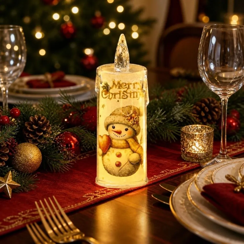 4PCS Flickering Christmas Flameless Candles Cute Electric LED Pillar Candles Convenient Cartoon Printed Lights Fake Candles