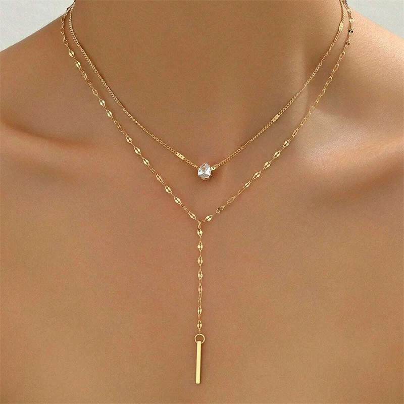 Vintage Bohemian Double Layered Y Shaped Necklace for Women Shiny Crystal Zircon Metal Long Chain Drop Choker Minimalist Jewelry