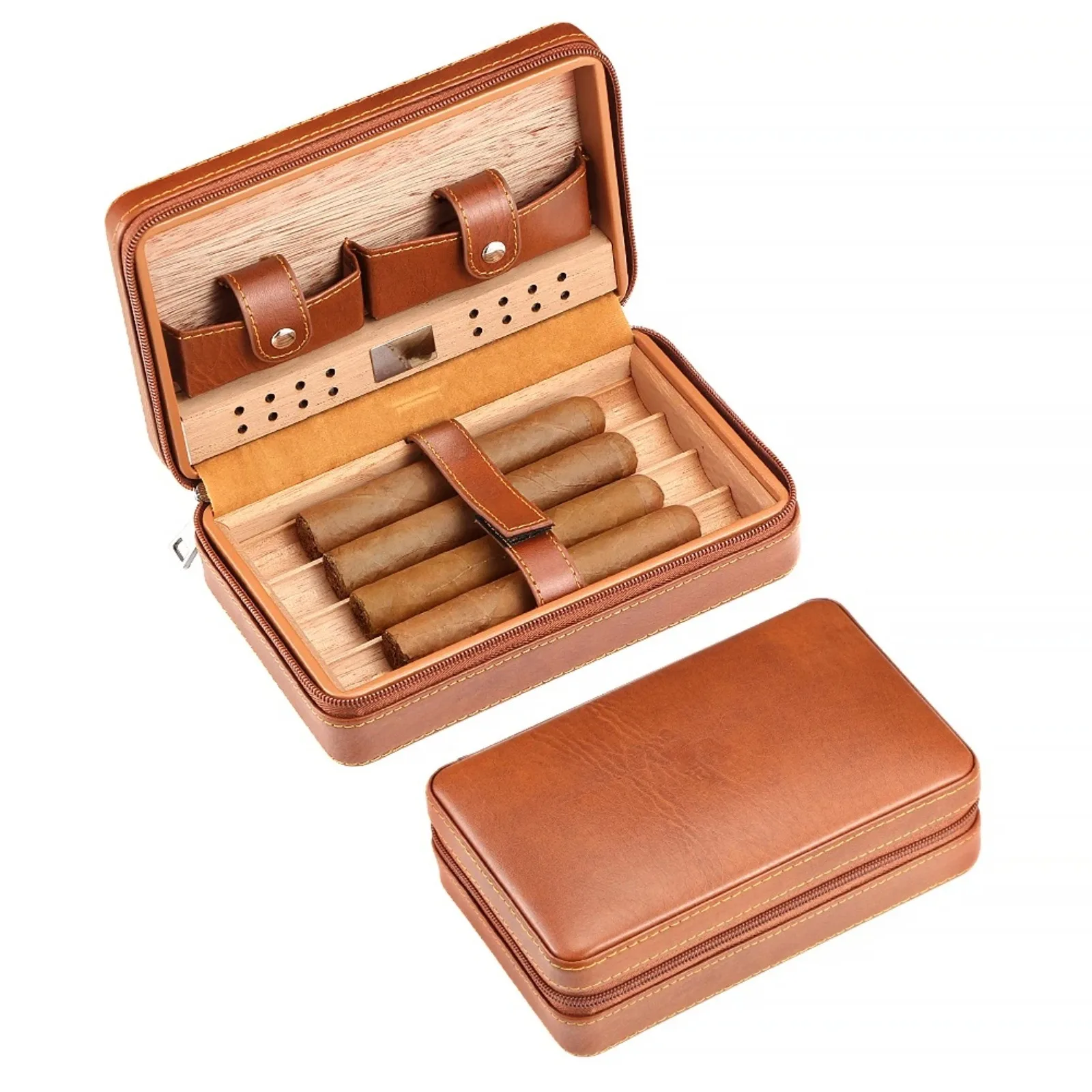 Zipper Leather Cigar Travel Humidor Case 4Cigar Capacity Spanish Cedar Wood Humidification System Moisturizing Storage Box