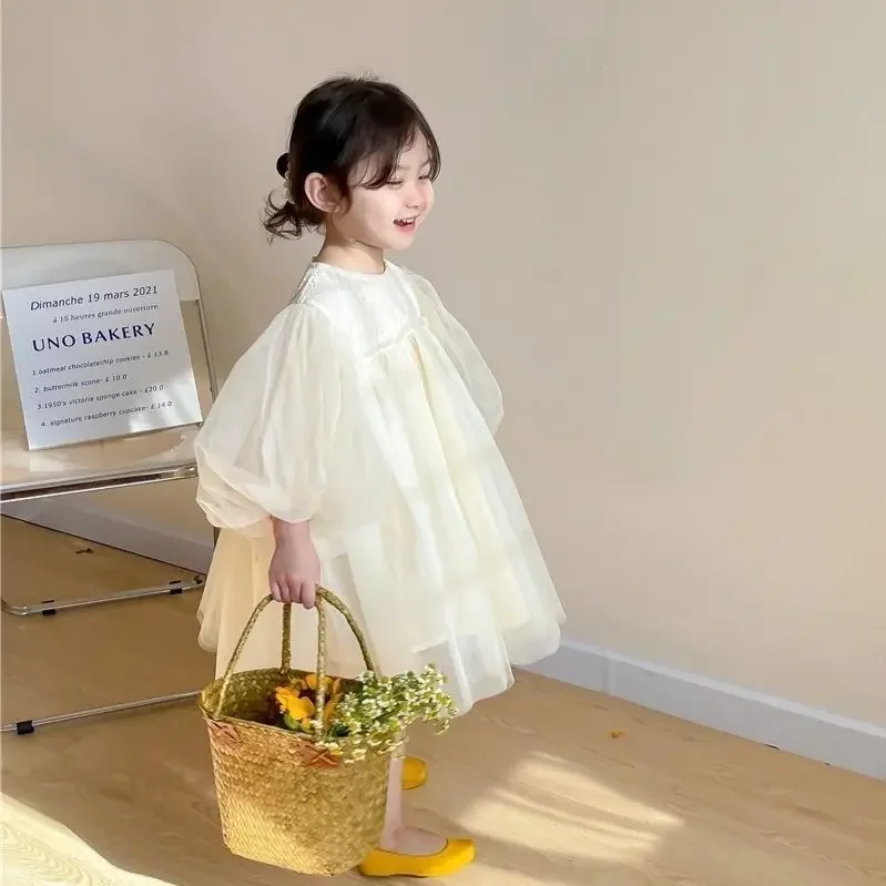 Vestidos casuales para niñas, ropa informal Simple, suelta, dulce estilo coreano de princesa, vestido de baile de encaje, ropa para niños, sólido