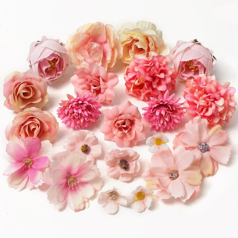 20 Stück gemischte künstliche Blumen, Seidenrosen, künstliche Blumen, Kopf für Heimdekoration, Hochzeitsdekoration, DIY-Handwerk, Girlande, Blumenstrauß, Zubehör – Detail 7