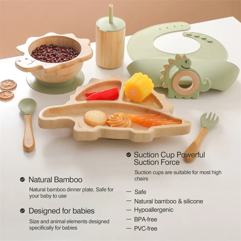 Conjunto de utensílios de mesa de bambu para bebê, tigela antiderrapante, prato, sem BPA, colher de silicone, louça infantil, presente de nascimento, 7 peças