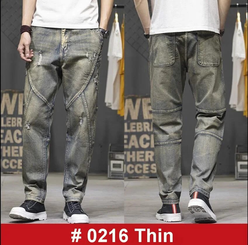 Men Jeans Loose Baggy Denim Pants Men Cargo Trousers Patchwork Casual Pants Size 28-44