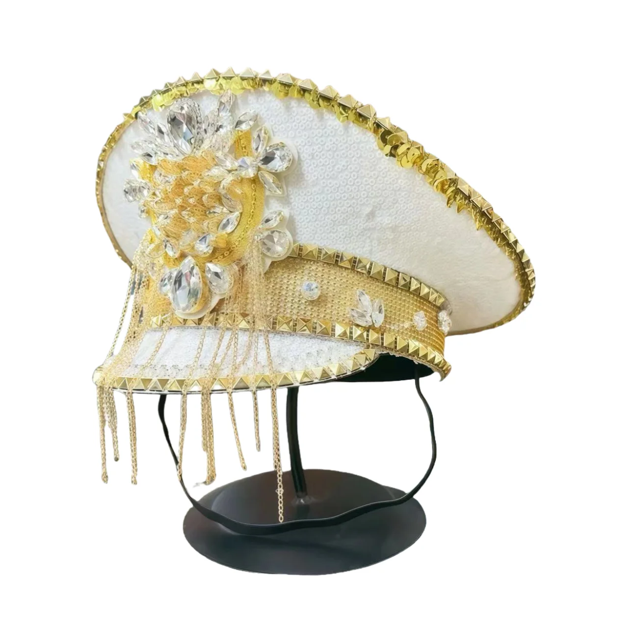 

2025 Bling Captain Hat Rhinestone Captains Hat for Men Steampunk Handmade Burning Man Military Cap Luxury gorras para hombres