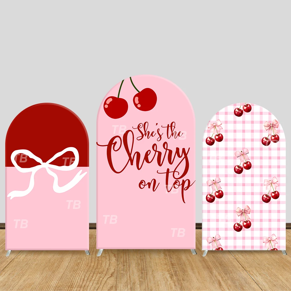

Pink & Red Cherry Arch Backdrop Cover Gingham & Bow Pattern Background Walls, Festive Photo Booth Props for Girls’ Parties